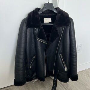 ZARA BLACK FAUX LEATHER SHEARLING FUR DOUBLE FACED BIKER JACKET AVIATOR COAT